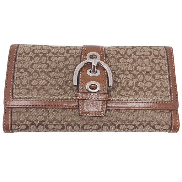 Coach Handbags - Coach | Mini Signature Logo Jacquard Soho Trifold Wallet Khaki British Tan